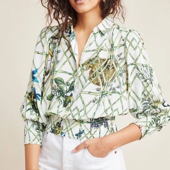 Maeve Anthropologie Blouse Medium Garden Clockwork Print Button Up Top - Picture 1 of 7